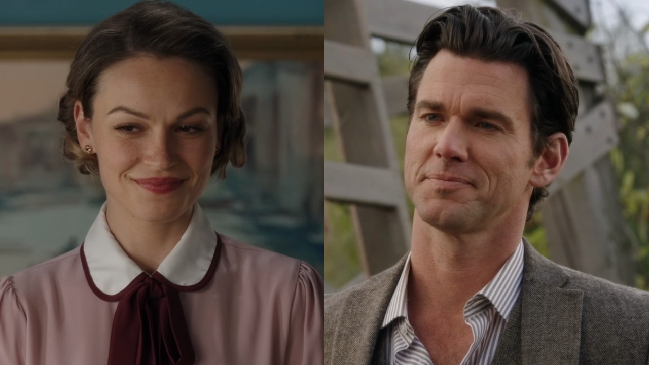 Kayla Wallace as Fiona Miller and Kevin McGarry as Nathan Grant smiling on When Calls the Heart.