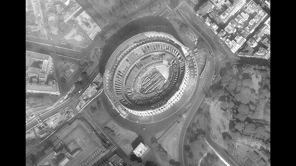 The Coliseum in Rome is completely deserted in this satellite image from March 18, 2020.