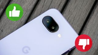 Google Pixel 9a with thumbs up and thumbs down icons