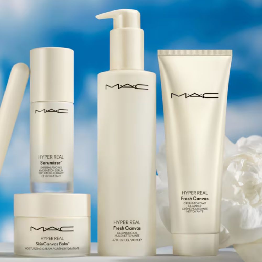 MAC Hyper Real skincare line with white flower and sky blue background