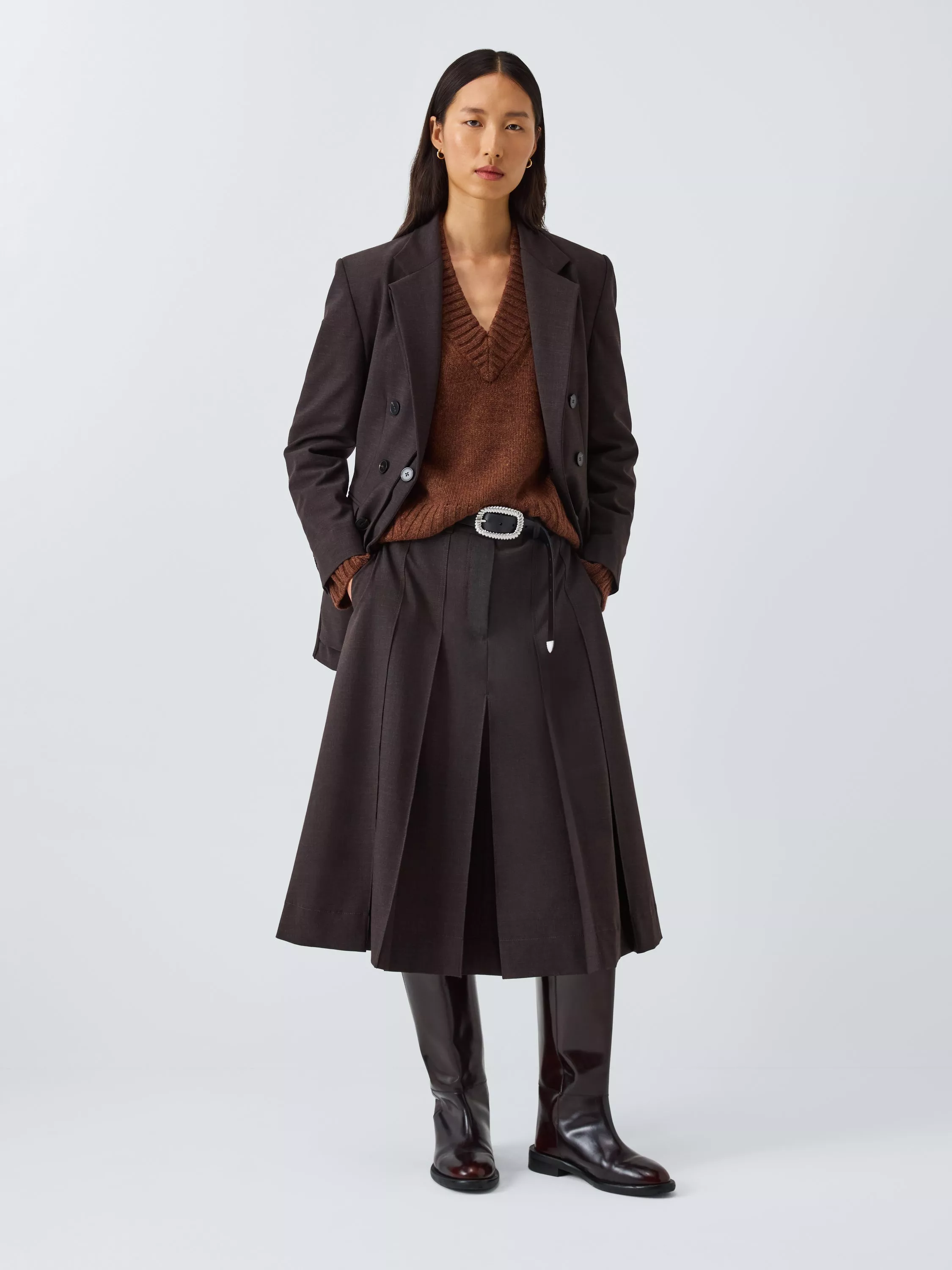 John Lewis X Rejina Pyo Pleat Detail Wool Blend Midi Skirt, Chocolate