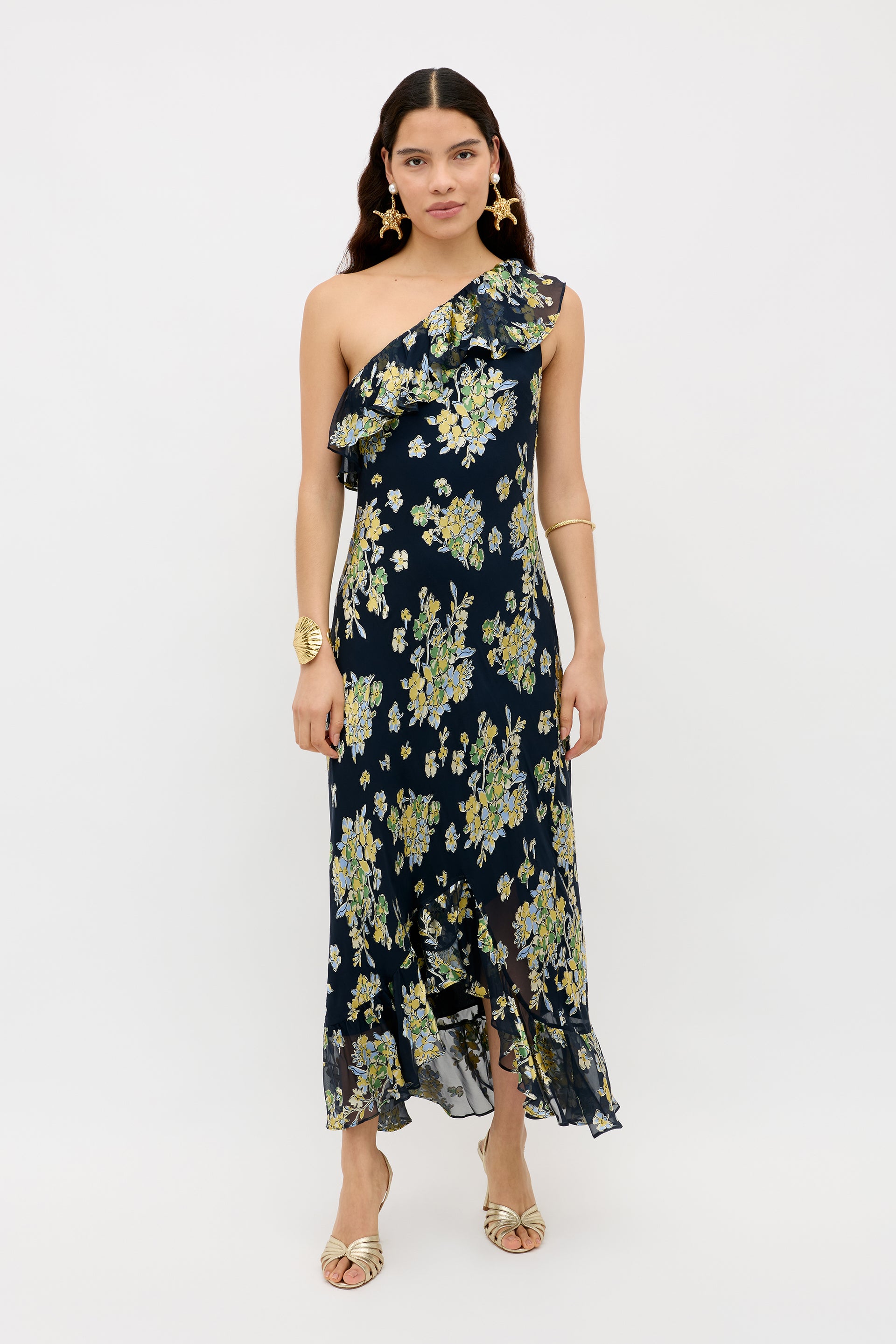 Leon Silk-Satin Midi Devor&amp;eacute; in Bouquet Devor&amp;eacute; Navy