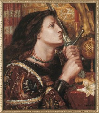 Painting of Joan of Arc, 1863, by Rossetti. And androgynous figure kissing a sword