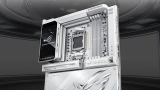 A promotional image of an Asus ROG Crosshair X870E Glacial motherboard against a dark, stylized background