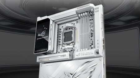 A promotional image of an Asus ROG Crosshair X870E Glacial motherboard against a dark, stylized background