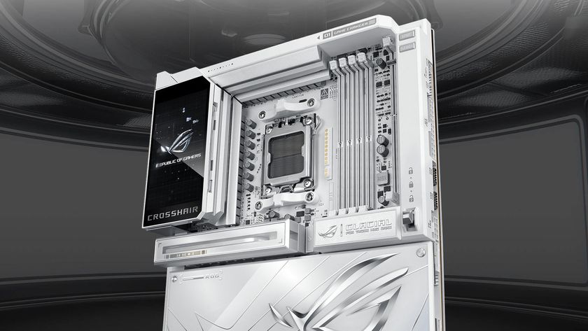 A promotional image of an Asus ROG Crosshair X870E Glacial motherboard against a dark, stylized background