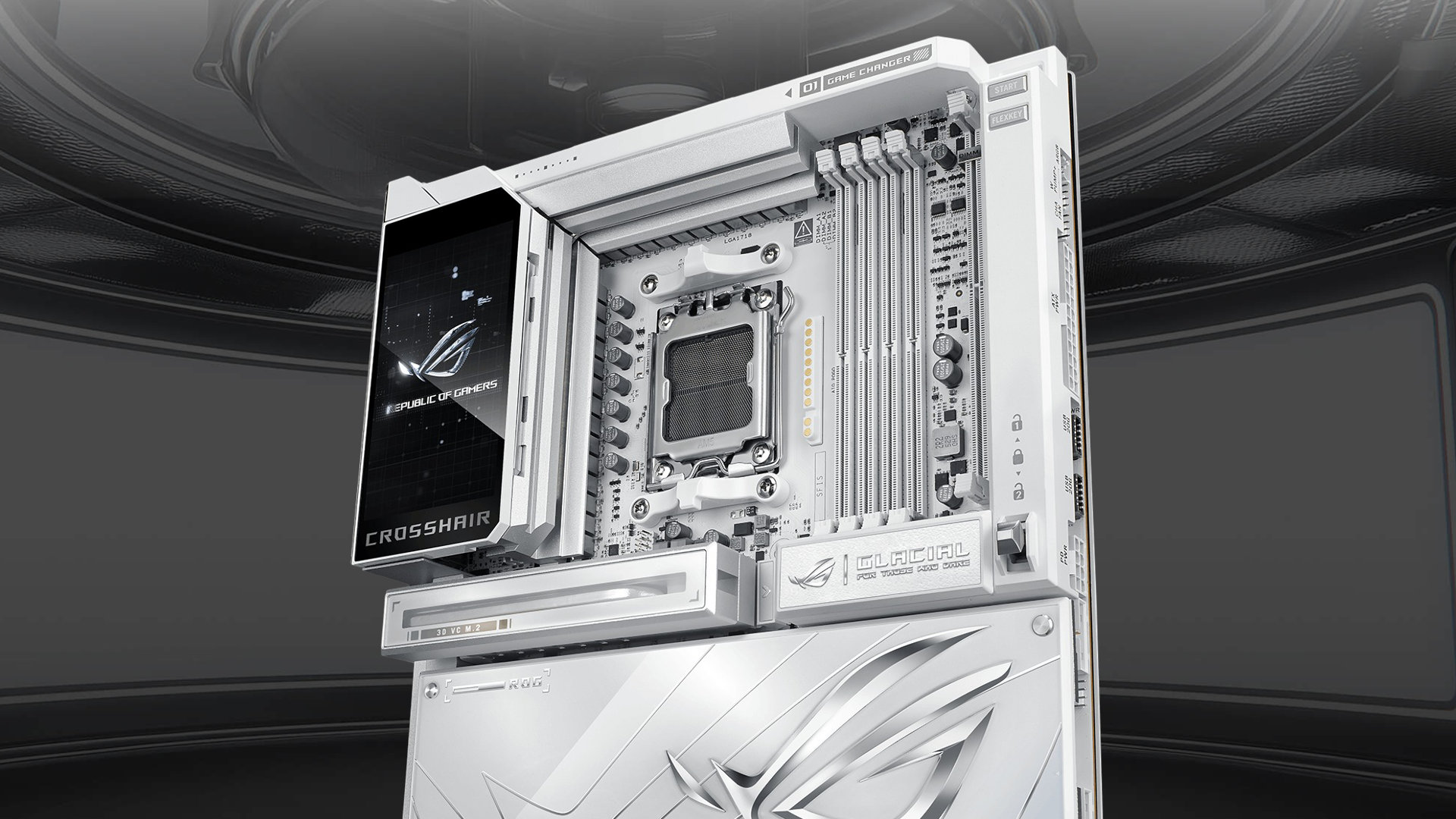 A promotional image of an Asus ROG Crosshair X870E Glacial motherboard against a dark, stylized background