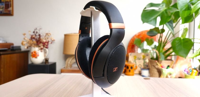 Sennheiser HD 505 headphones in black and bronze on a headphone stand on a wooden surface. In the background there are plants, a lamp and vases.