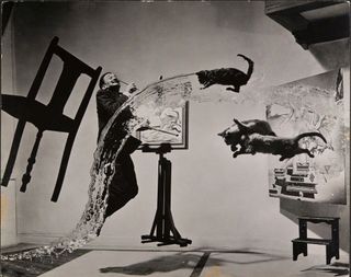 Salvador Dali jumping amid flying cats and splash of water