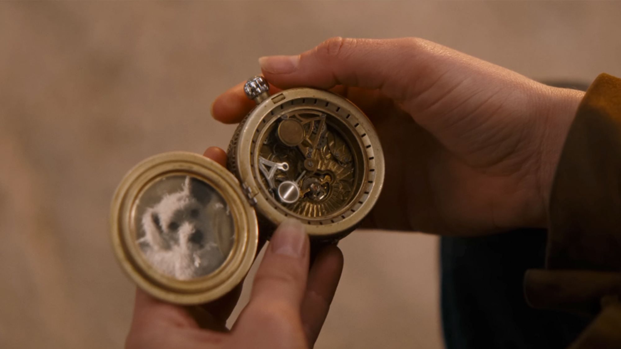 A hand holding a pocket watch with a photo of a dog.