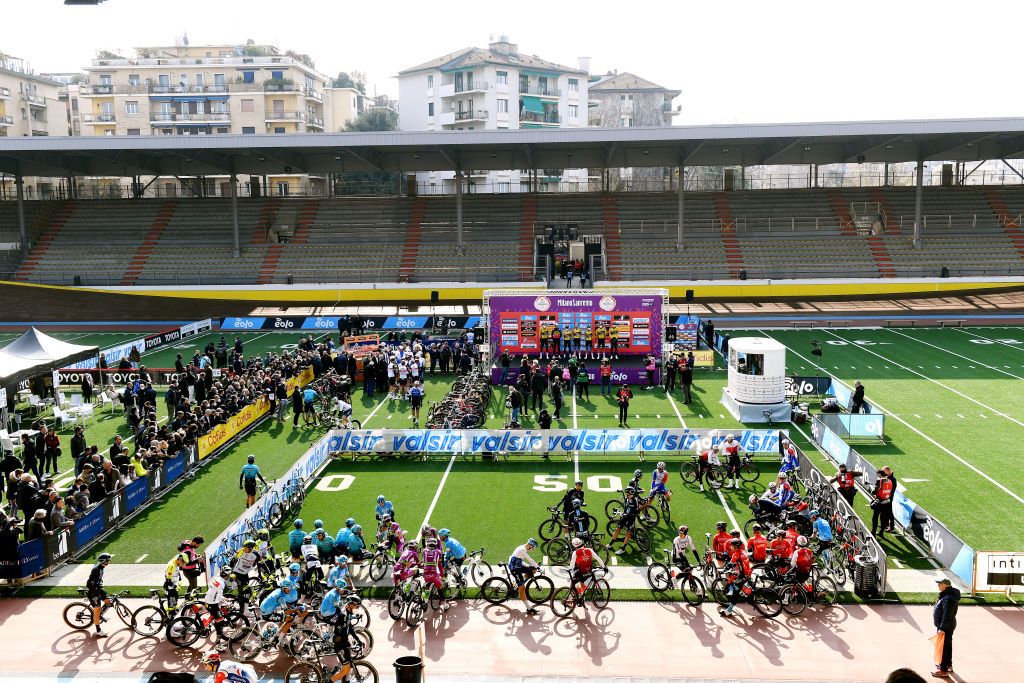 SANREMO ITALY MARCH 19 A general view of Wout Van Aert of Belgium Edoardo Affini of Italy Christophe Laporte of France Primoz Roglic of Slovenia Tosh Van Der Sande of Belgium Jos Van Emden of Netherlands Nathan Van Hooydonck of Belgium and Team Jumbo Visma in Vigorelli Velodrome during the team presentation prior to the 113th MilanoSanremo 2022 a 293km one day race from Milano to Sanremo MilanoSanremo on March 19 2022 in Sanremo Italy Photo by Tim de WaeleGetty Images