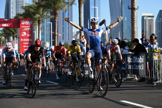 Fabio Jakobsen (far left) takes sixth in stage 6 of the UAE Tour behind Tim Merlier