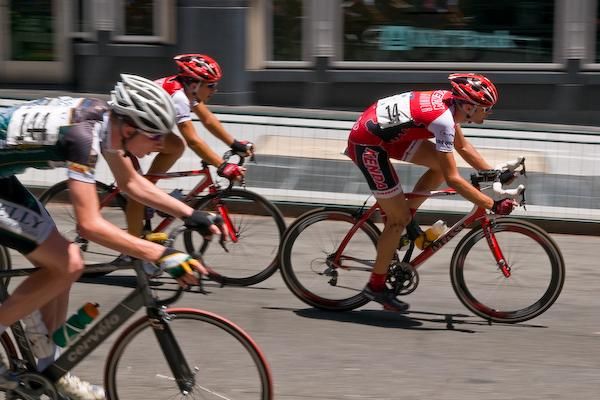 Phil Gamion (Kenda) leads the field down a short descent.