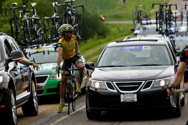 Race leader Scott Zwizanski (Kelly Benefits) gets the lowdown on the area tornados and the end to the stage.
