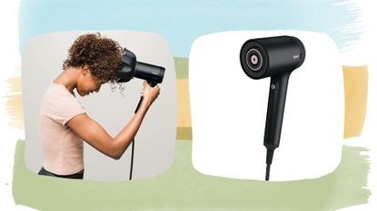 A collage of the shark hair dryer review model and a woman using the shark hair dryer with the diffuser attachment