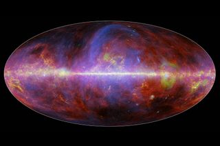 This map, captured by ESA's Planck space telescope, reveals the Milky Way galaxy. Gas appears in yellow, radiation in blue and green, and several types of dust are shown in red.