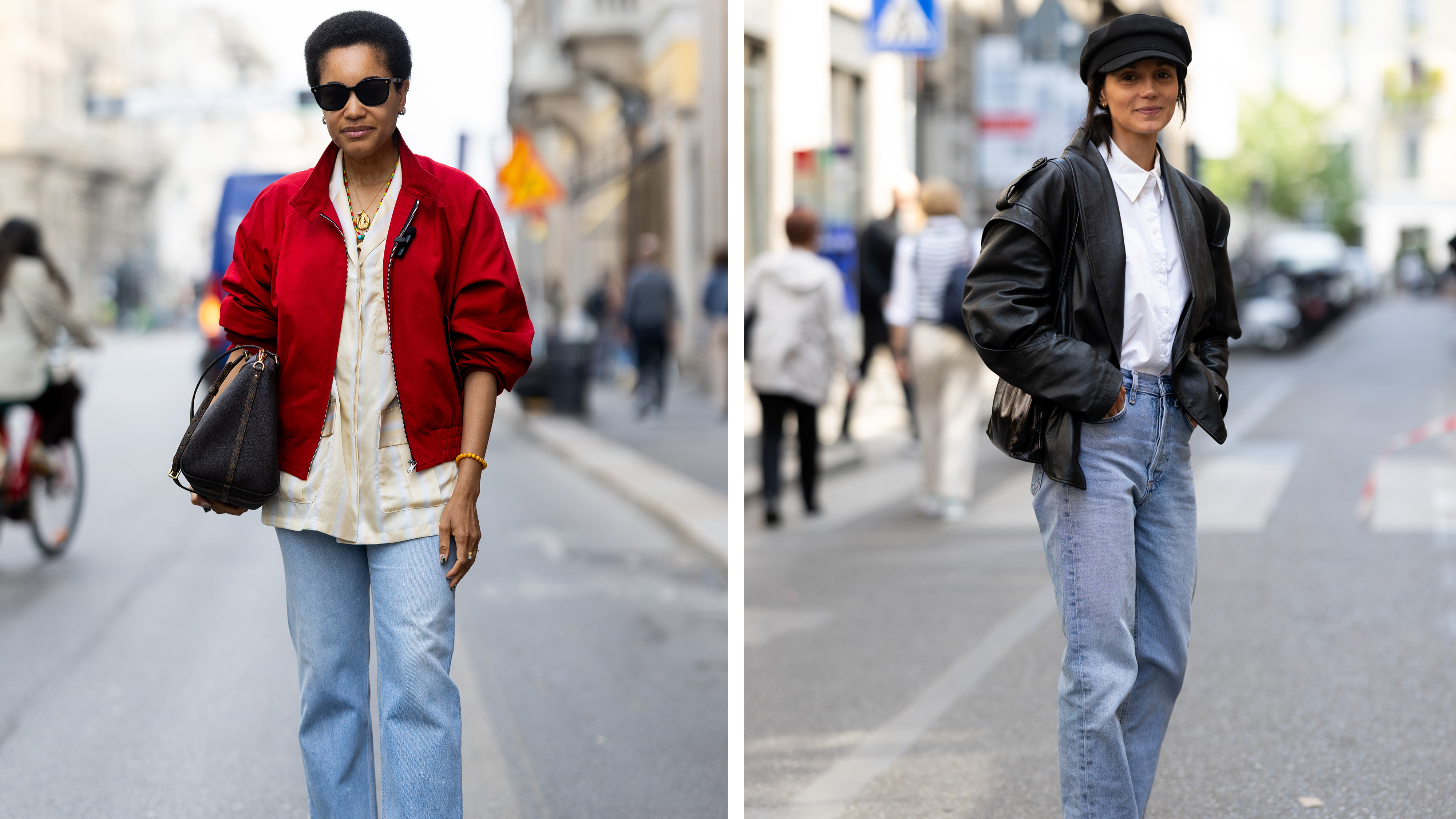 Two women in Milan wear light-wash jeans.
