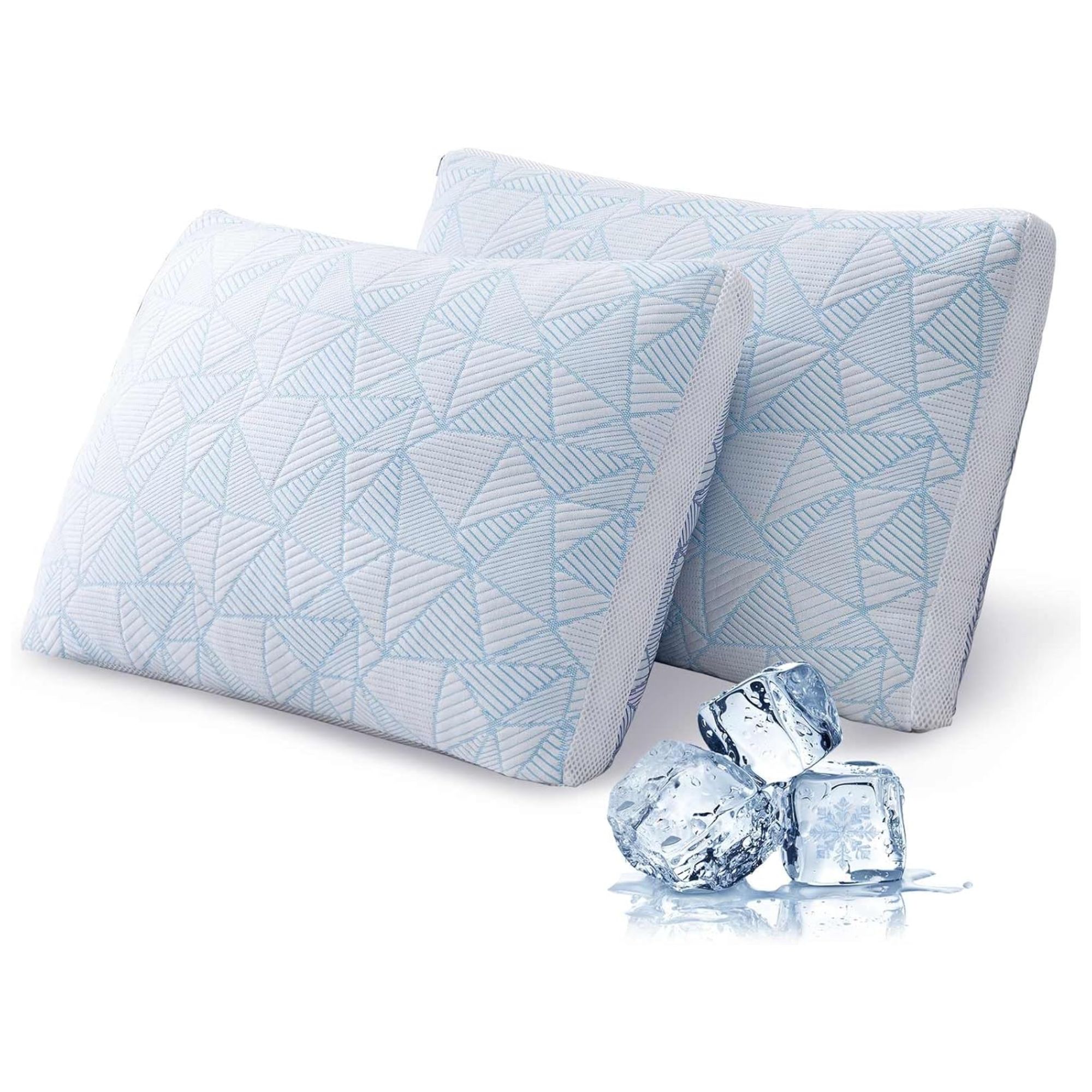 Two Cotelovo Shredded Memory Foam Cooling Soft Bamboo Viscose Pillows displayed next to three ice cubes