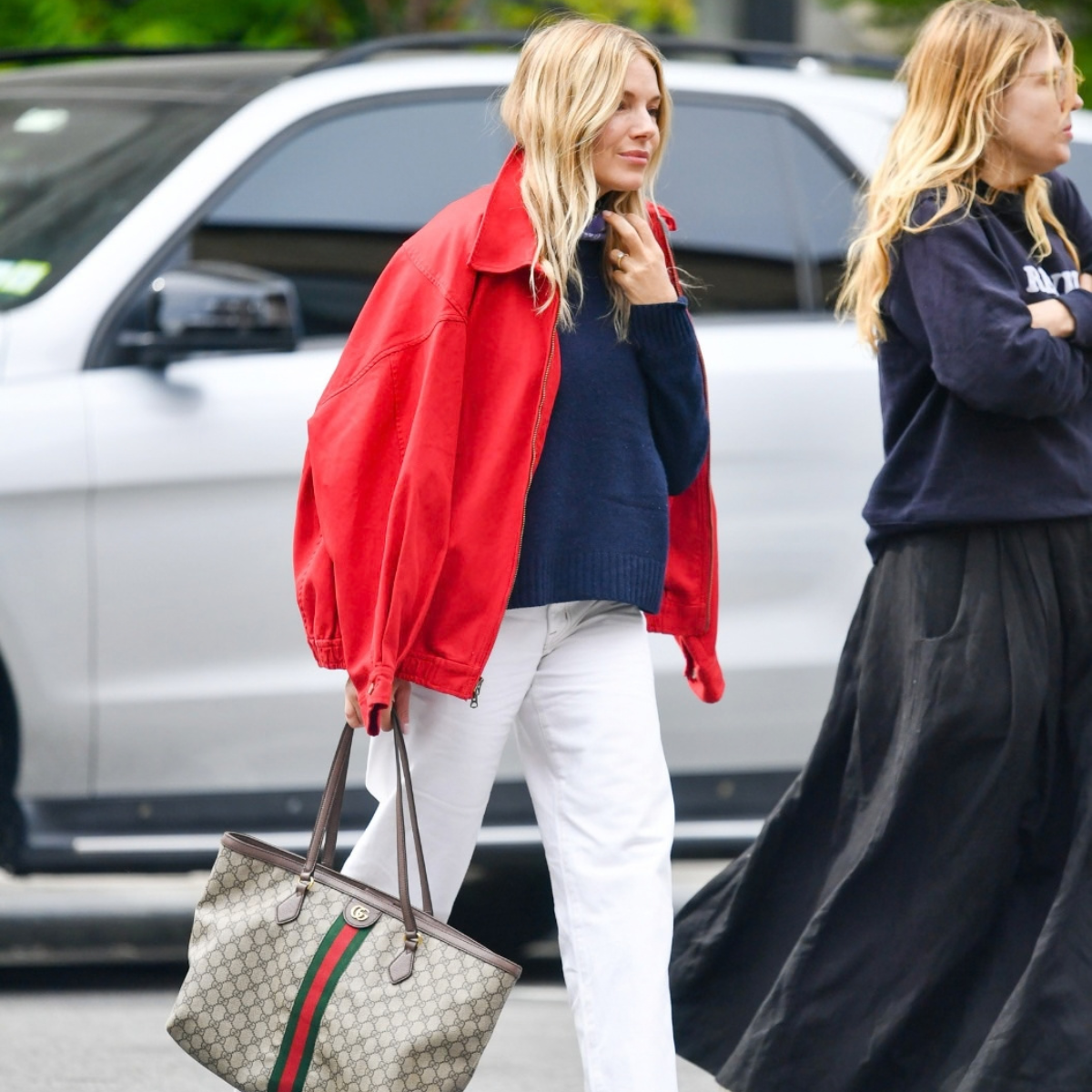Sienna Miller red jackets white jeans