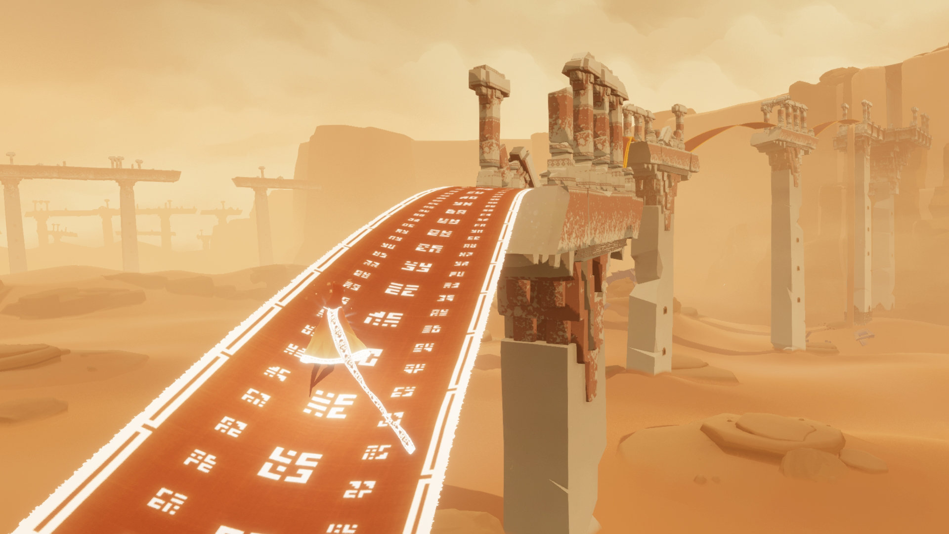 Journey character soaring through a desert