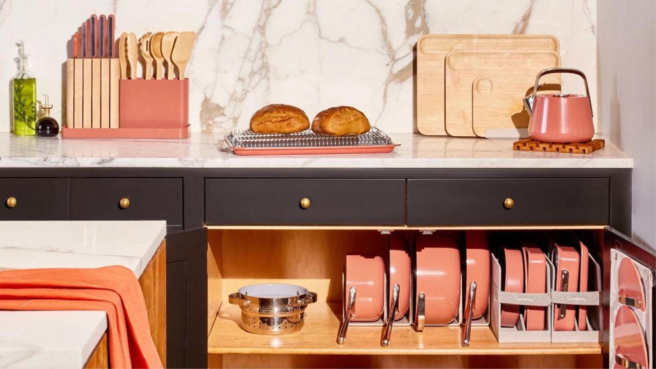 Pans stored on counter