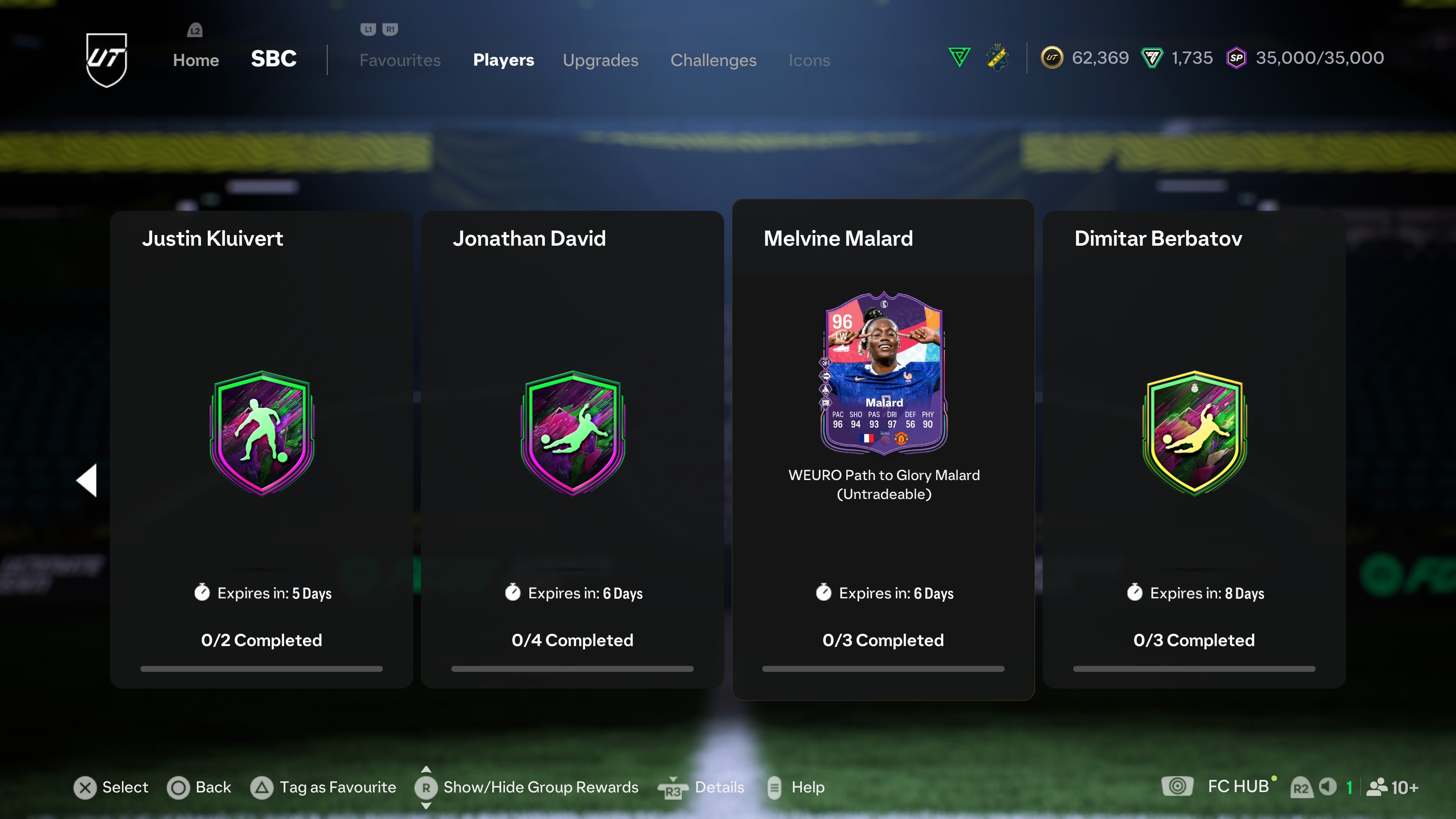 SBC options in FC 25 include a PTG Melvine Malard card