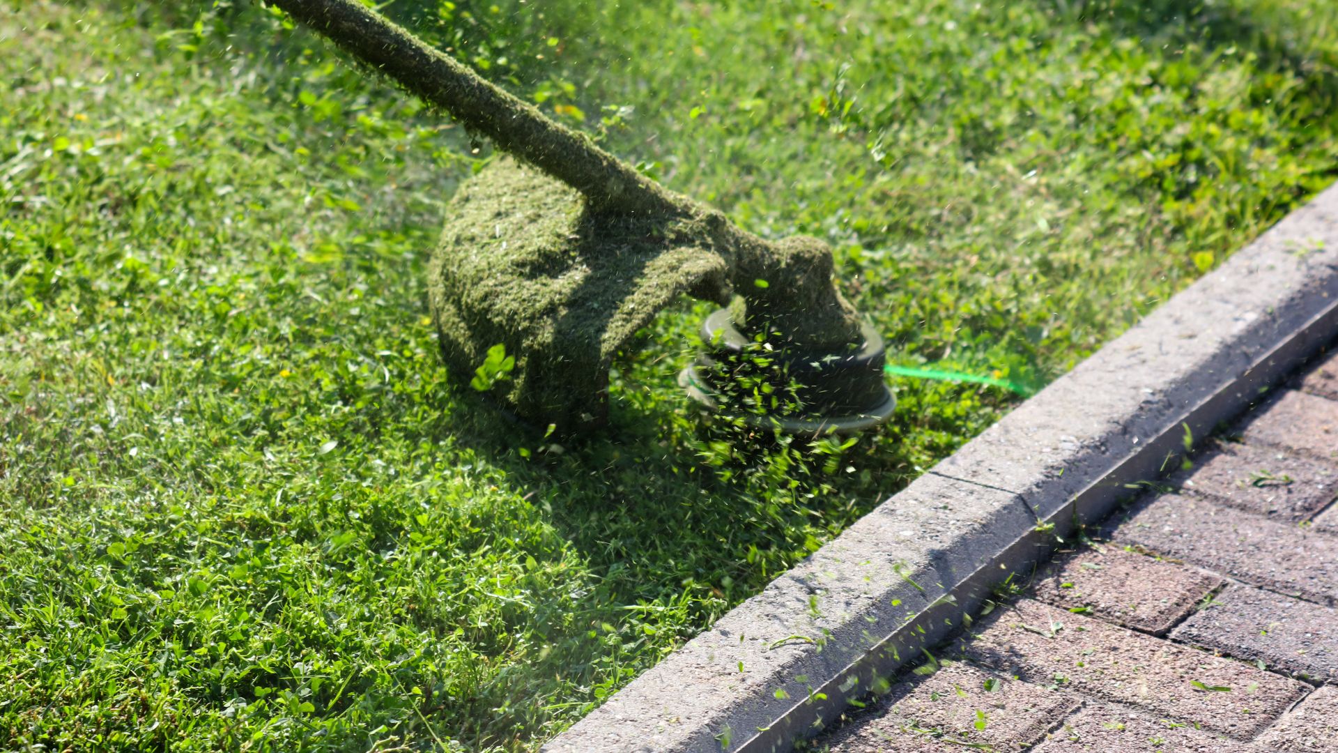 picture of person usins strimmer to edge a lawn