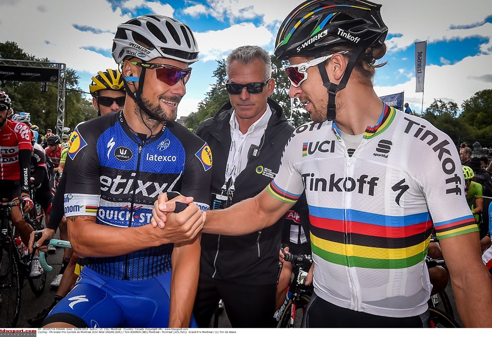 Tom Boonen and Peter Sagan greet eachother at the GP Montreal
