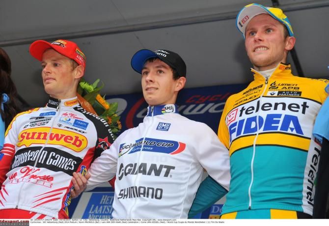 Lars van der Haar (Giant-Shimano) takes centre stage on the podium