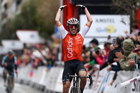 ESTELLA SPAIN APRIL 01 Ion Izaguirre of Spain and Team Cofidis celebrates at finish line as race winner ahead of Sergio Andres Higuita Garcia of Colombia and Team BORA Hansgrohe during the 32nd Gran Premio Miguel Indurain 2023 a 2032km one day race from Estella to Estella GPIndurain on April 01 2023 in Estella Spain Photo by David RamosGetty Images