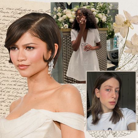 Collage of women with bobs and pixie cuts and bridal bouquets 