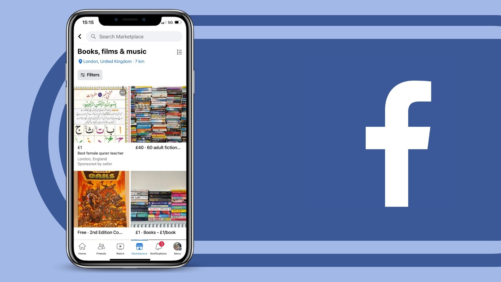 Selling books online - Facebook logo and facebook marketplace screenshot