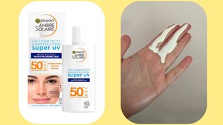 Images showing Garnier Ambre Solaire Anti-Dark Spots & Anti-Pollution Super UV SPF 50+ and swatches