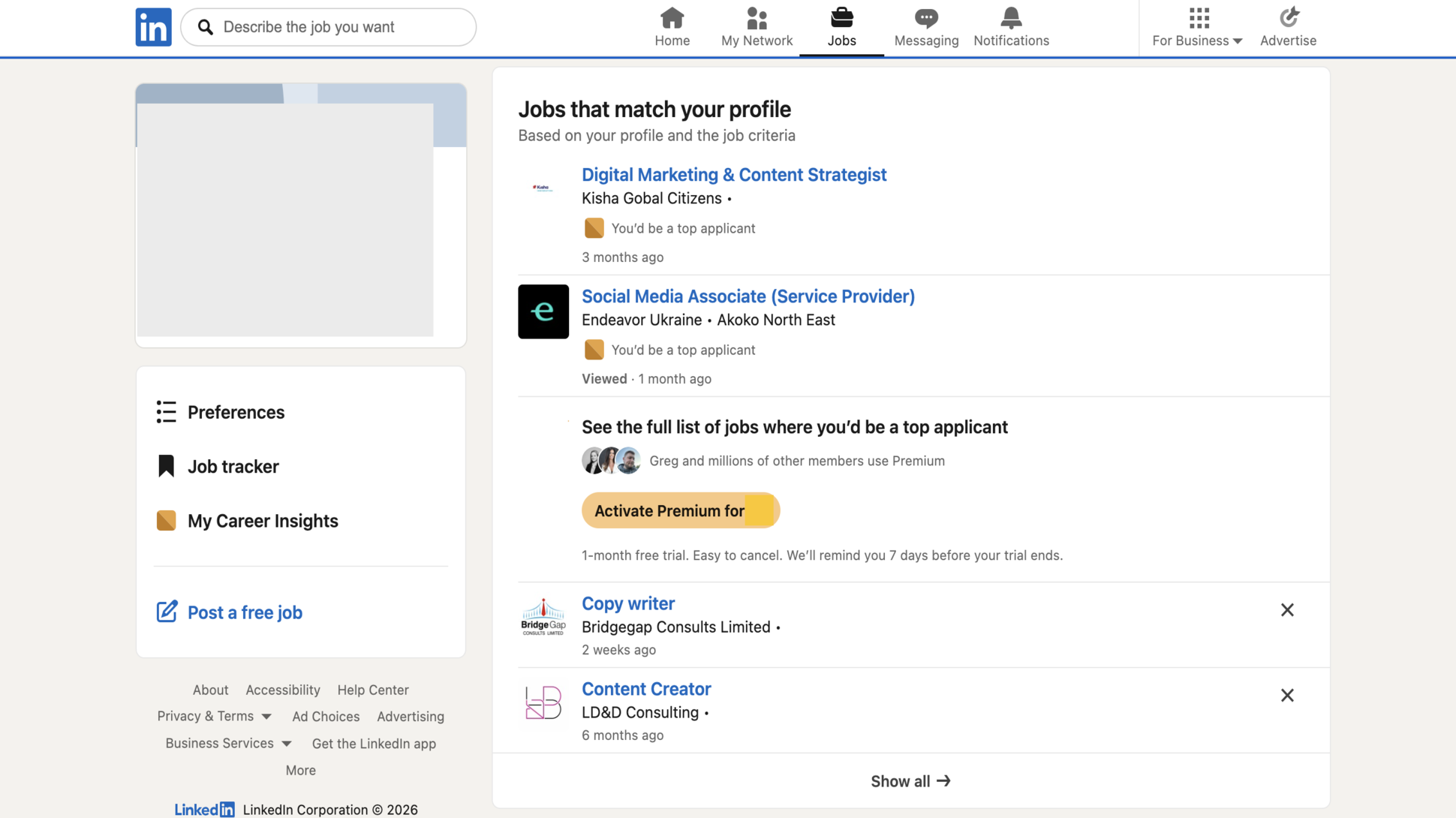 Suggested job opportunities on a sample LinkedIn profile