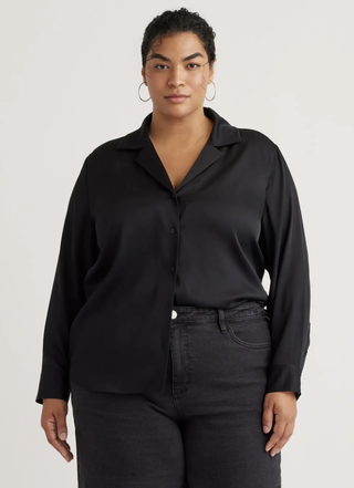 Washable Stretch Silk Notch Collar Blouse - Plus Size