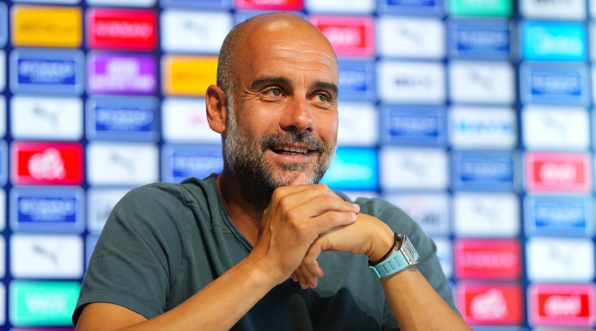 Pep Guardiola, manager of Manchester City speaks to the press before Manchester City&#039;s first Premier League home fixture against Bournemouth, at Manchester City Football Academy on August 12, 2022 in Manchester, England