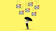 illustration of debt mail falling on person with umbrella 