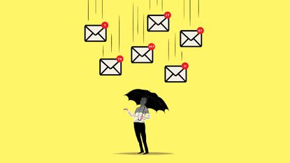 illustration of debt mail falling on person with umbrella 