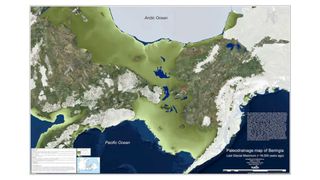 A map showing how Beringia, which includes the famous ice age land bridge, looked at the last glacial maximum, about 18,000 years ago.