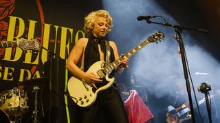 American singer and guitarist Samantha Fish performs live on stage during a concert at the Hole 44 on March 30, 2023 in Berlin, Germany