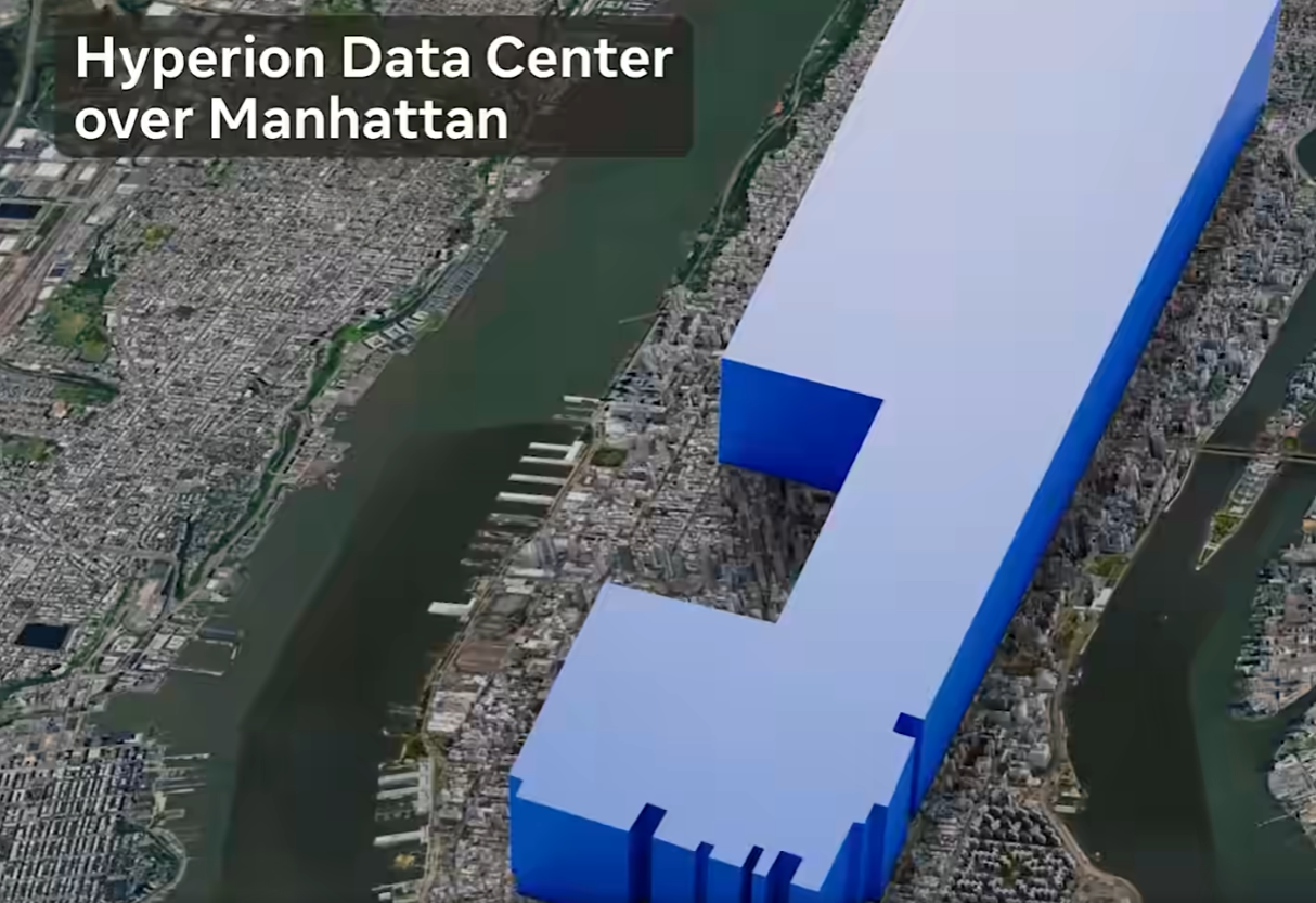 A still from a video demonstrating how large Meta's planned Hyperion data center would be if it was place on Manhattan island