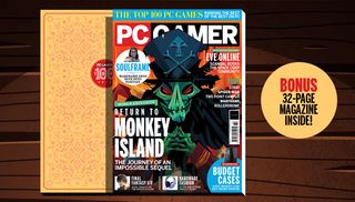 Issue 374 of PC Gamer magazine, featuring LeChuck from Monkey Island on the magazine cover which sits in front of a brown wood background. A badge next to the magazine says "BONUS: 32-PAGE MAGAZINE INSIDE!"