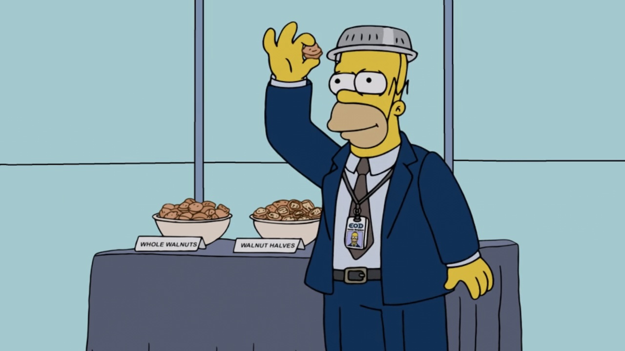 Homer cracking walnut on his head in The Simpsons "Seperance" Severance spoof