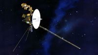 a spacecraft consisting of a large round radar dish, three long pole-like appendages extending from an octagonal body, floating in space on a starry background