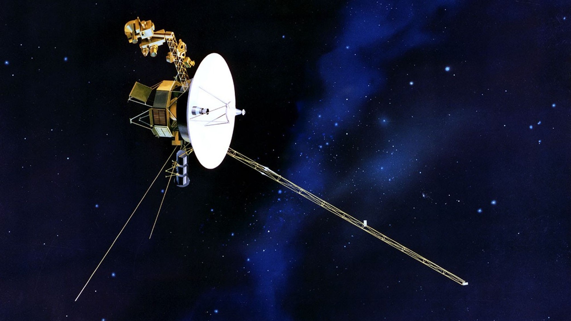 a spacecraft consisting of a large round radar dish, three long pole-like appendages extending from an octagonal body, floating in space on a starry background
