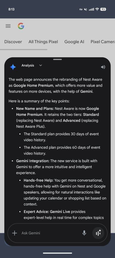Gemini-powered webpage summary in Chrome for Android
