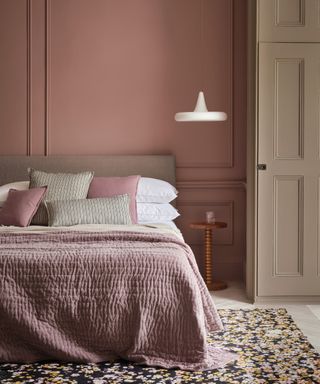 bedroom window ideas, pink living room with stone painted authentic shutters, white pendant light, rug, matching bedding,