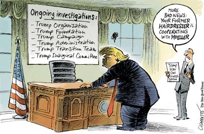 Political cartoon U.S. Trump ongoing investigations Mueller probe corruption hairdresser cooperating