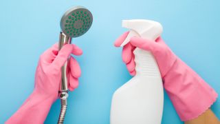 Pink gloved hands holding a spray bottle and a shower head