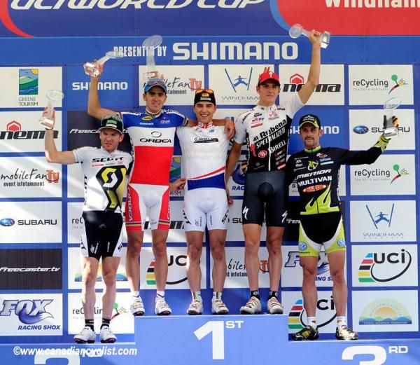 World Cup podium: Florian Vogel, Julien Absalon. Nino Schurter, Jaroslav Kulhavy, Jose Hermida.